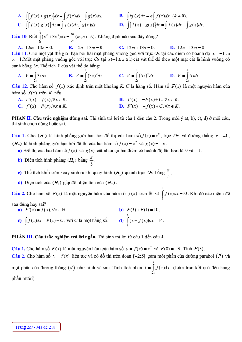 Đề thi Giữa kì 2 Toán 12 trường THPT Nguyễn Huệ (Huế) năm 2024-2025