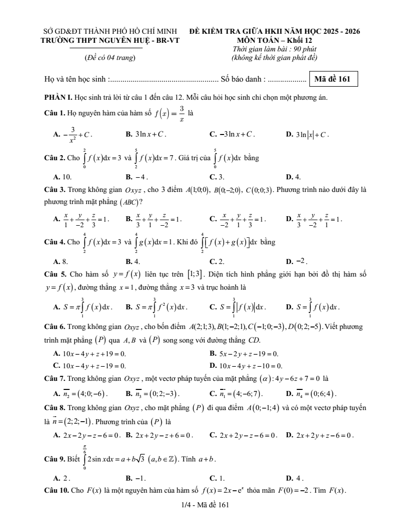 Đề thi Giữa kì 2 Toán 12 trường THPT Nguyễn Huệ (TP HCM) năm 2025-2026