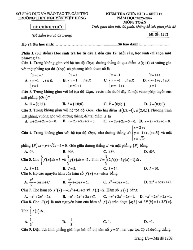 Đề thi Giữa kì 2 Toán 12 trường THPT Nguyễn Việt Hồng (Cần Thơ) năm 2025-2026