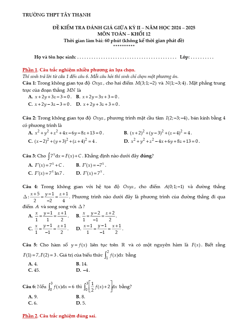 Đề thi Giữa kì 2 Toán 12 trường THPT Nguyễn Hữu Cầu (Tp.HCM) năm 2024-2025
