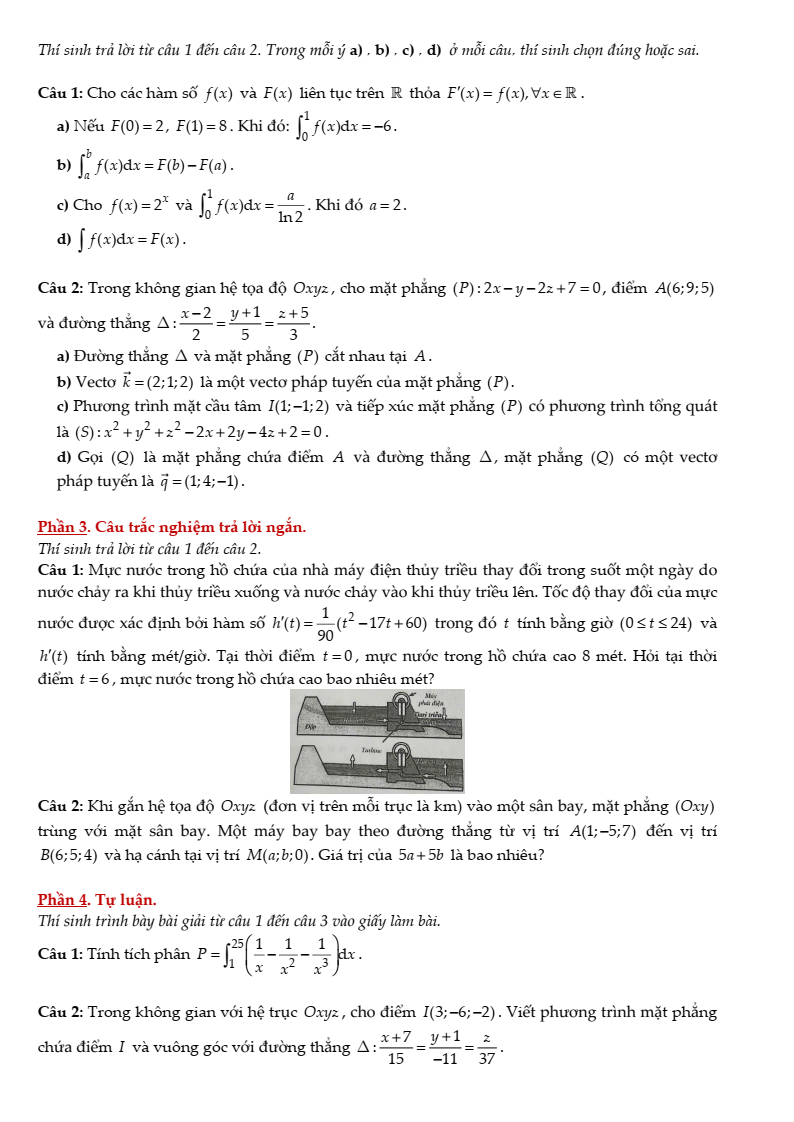Đề thi Giữa kì 2 Toán 12 trường THPT Nguyễn Hữu Cầu (Tp.HCM) năm 2024-2025