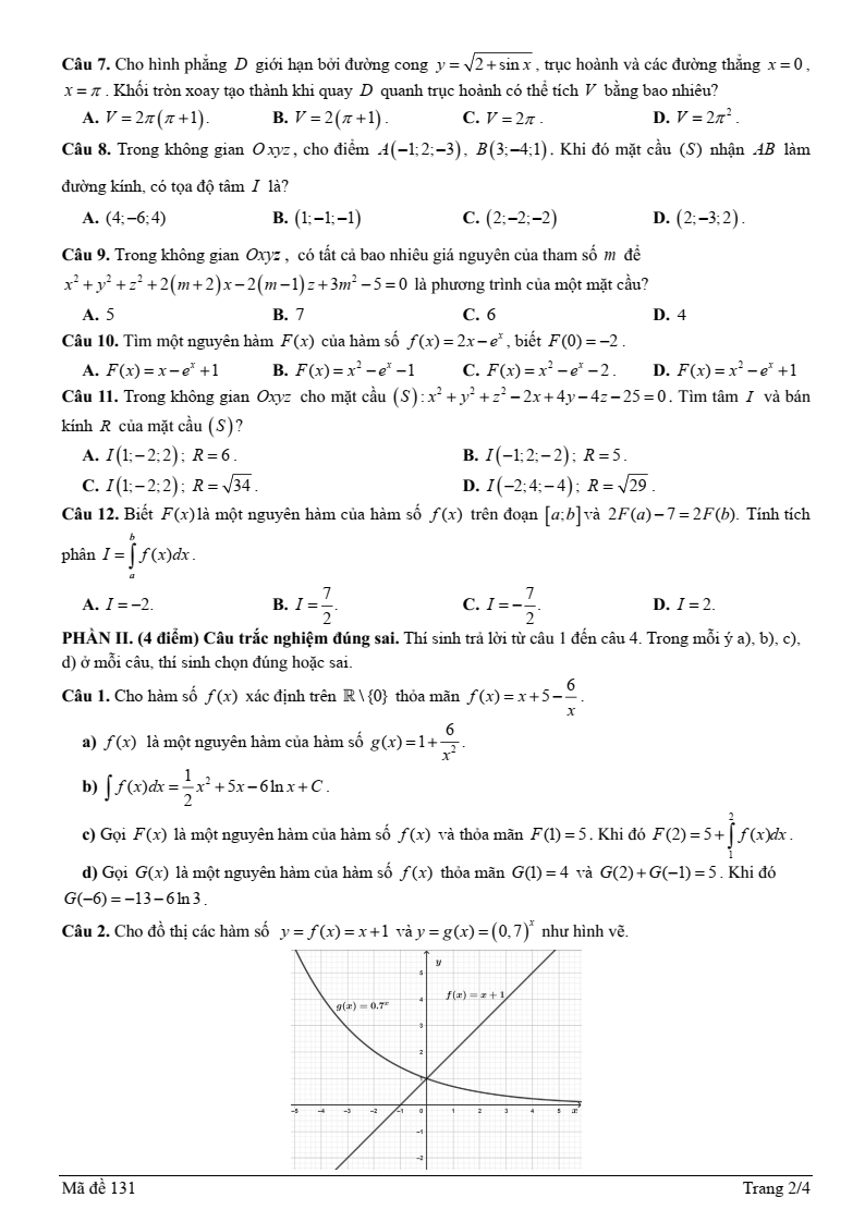 Đề thi Giữa kì 2 Toán 12 trường THPT Nguyễn Hữu Huân (Tp.HCM) năm 2024-2025