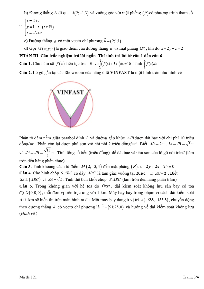 Đề thi Giữa kì 2 Toán 12 trường THPT Nguyễn Trung Thiên (Hà Tĩnh) năm 2024-2025