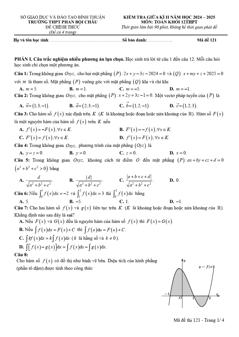 Đề thi Giữa kì 2 Toán 12 trường THPT Phan Bội Châu (Bình Thuận) năm 2024-2025