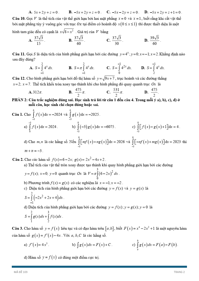 Đề thi Giữa kì 2 Toán 12 trường THPT Phan Đình Phùng (Hà Nội) năm 2024-2025