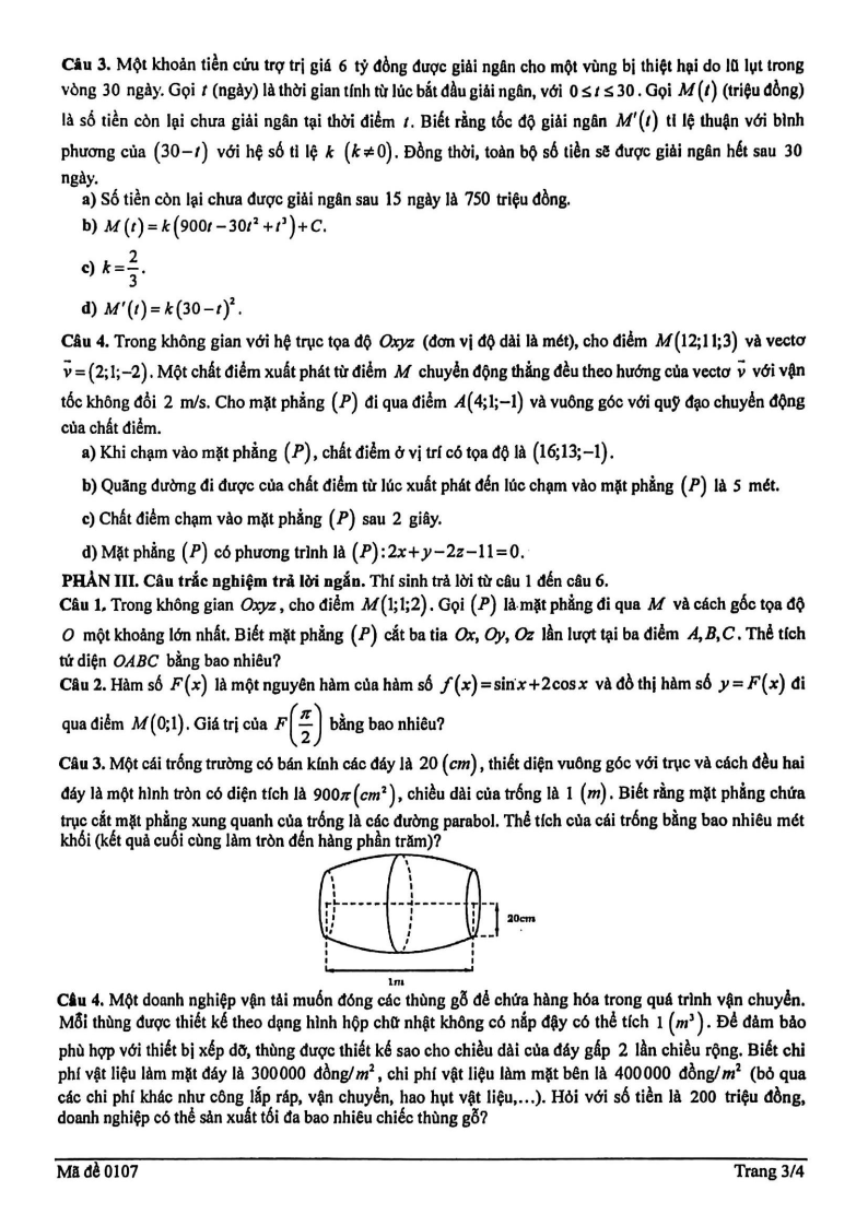 Đề thi Giữa kì 2 Toán 12 trường THPT Phan Huy Chú (Hà Nội) năm 2025-2026