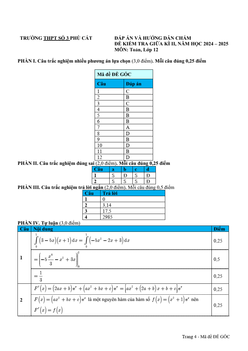 Đề thi Giữa kì 2 Toán 12 trường THPT Phù Cát 3 (Bình Định) năm 2024-2025