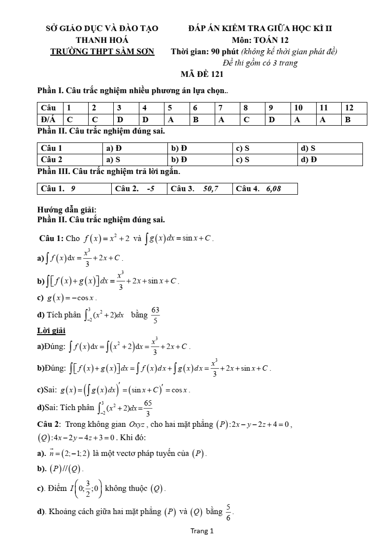 Đề thi Giữa kì 2 Toán 12 trường THPT Sầm Sơn (Thanh Hóa) năm 2024-2025