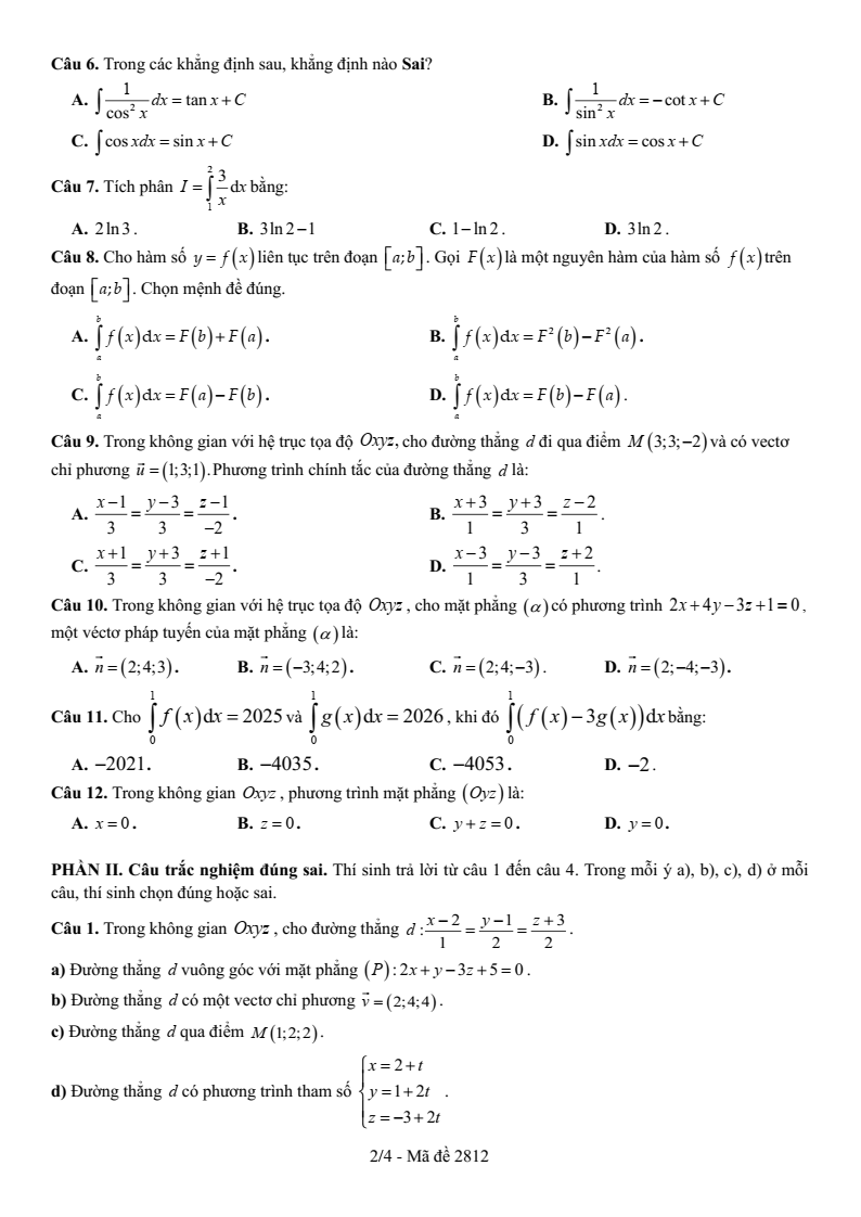 Đề thi Giữa kì 2 Toán 12 trường THPT Số 1 Lê Hồng Phong (Đắk Lắk) năm 2025-2026