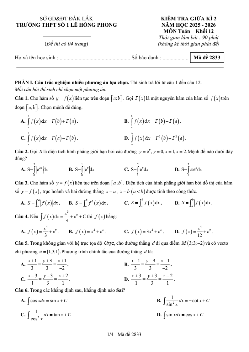 Đề thi Giữa kì 2 Toán 12 trường THPT Số 1 Lê Hồng Phong (Đắk Lắk) năm 2025-2026