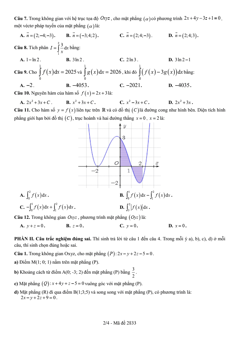 Đề thi Giữa kì 2 Toán 12 trường THPT Số 1 Lê Hồng Phong (Đắk Lắk) năm 2025-2026