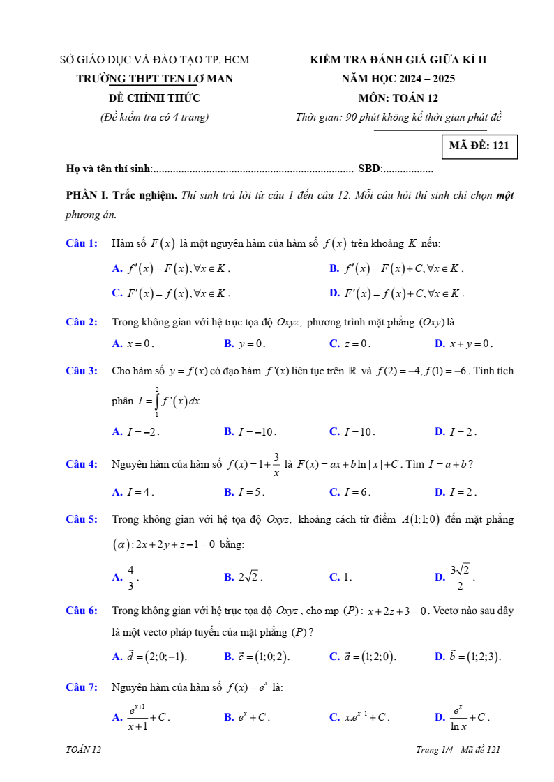 Đề thi Giữa kì 2 Toán 12 trường THPT Ten Lơ Man (Tp.HCM) năm 2024-2025