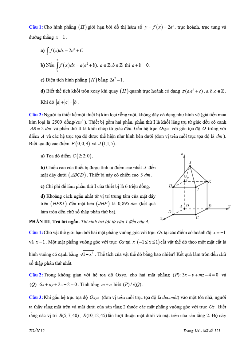 Đề thi Giữa kì 2 Toán 12 trường THPT Ten Lơ Man (Tp.HCM) năm 2024-2025