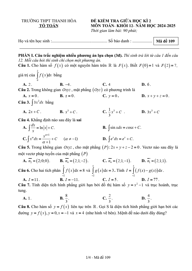 Đề thi Giữa kì 2 Toán 12 trường THPT Thanh Hòa (Bình Phước) năm 2024-2025