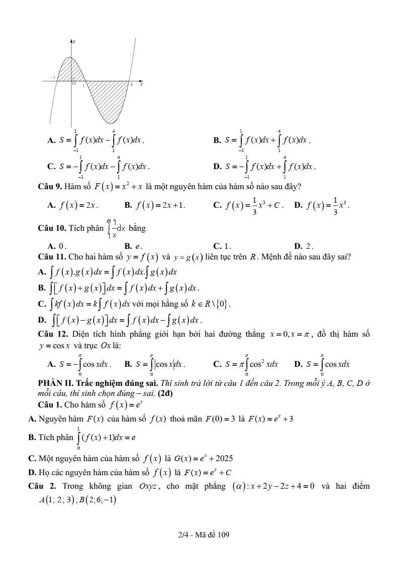 Đề thi Giữa kì 2 Toán 12 trường THPT Thanh Hòa (Bình Phước) năm 2024-2025