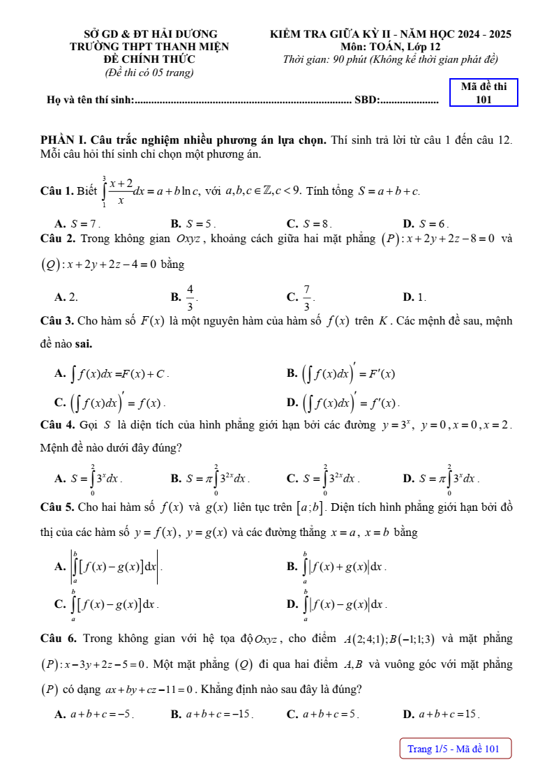 Đề thi Giữa kì 2 Toán 12 trường THPT Thanh Miện (Hải Dương) năm 2024-2025