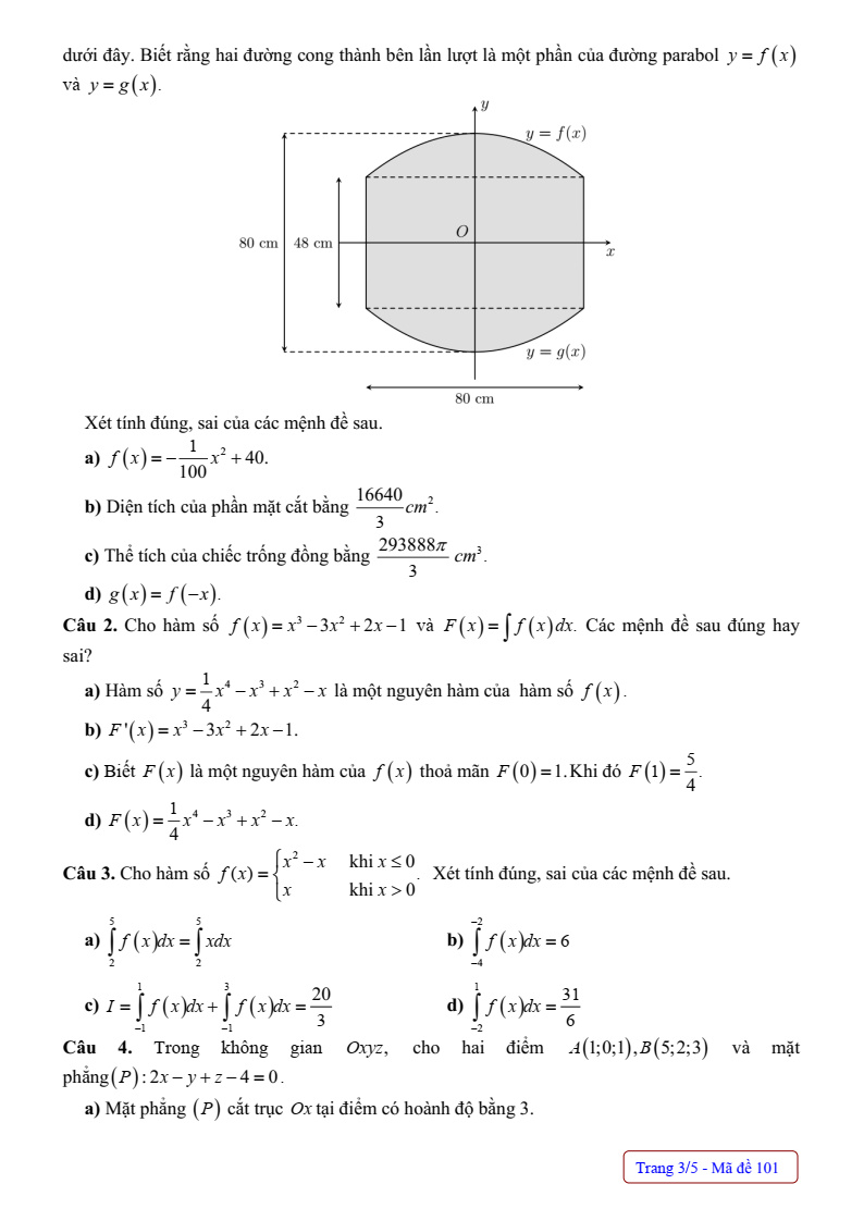 Đề thi Giữa kì 2 Toán 12 trường THPT Thanh Miện (Hải Dương) năm 2024-2025