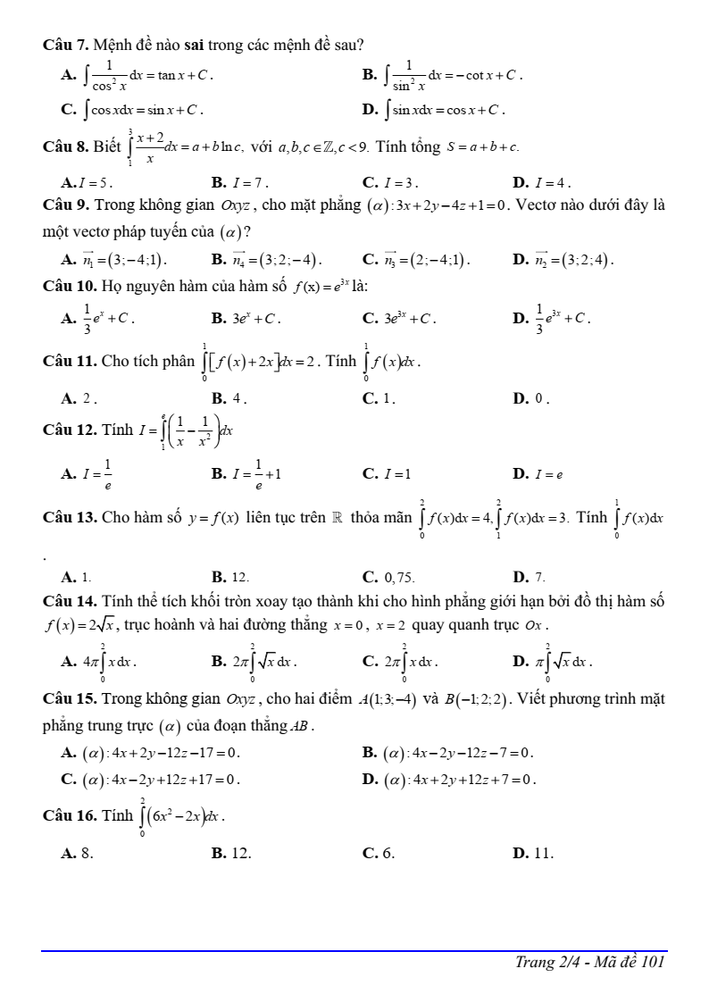 Đề thi Giữa kì 2 Toán 12 trường THPT Thị xã Quảng Trị năm 2024-2025