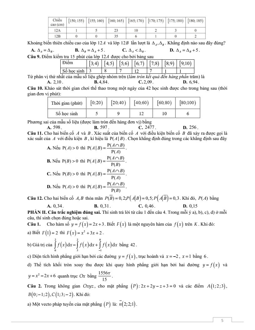 Đề thi Giữa kì 2 Toán 12 trường THPT Thuận Thành Số 2 (Bắc Ninh) năm 2025-2026