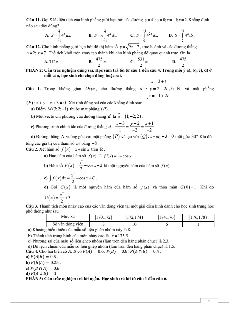 Đề thi Giữa kì 2 Toán 12 trường THPT Thuận Thành Số 2 (Bắc Ninh) năm 2025-2026
