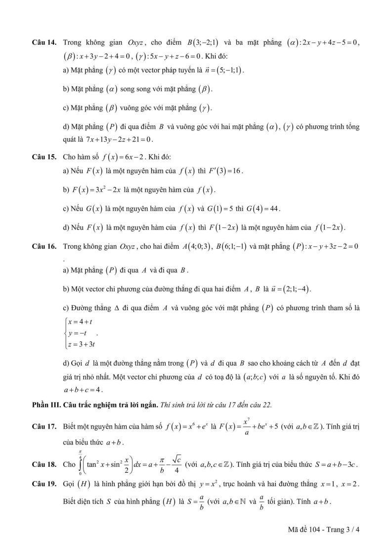 Đề thi Giữa kì 2 Toán 12 trường THPT Trần Quốc Tuấn (Phú Yên) năm 2024-2025