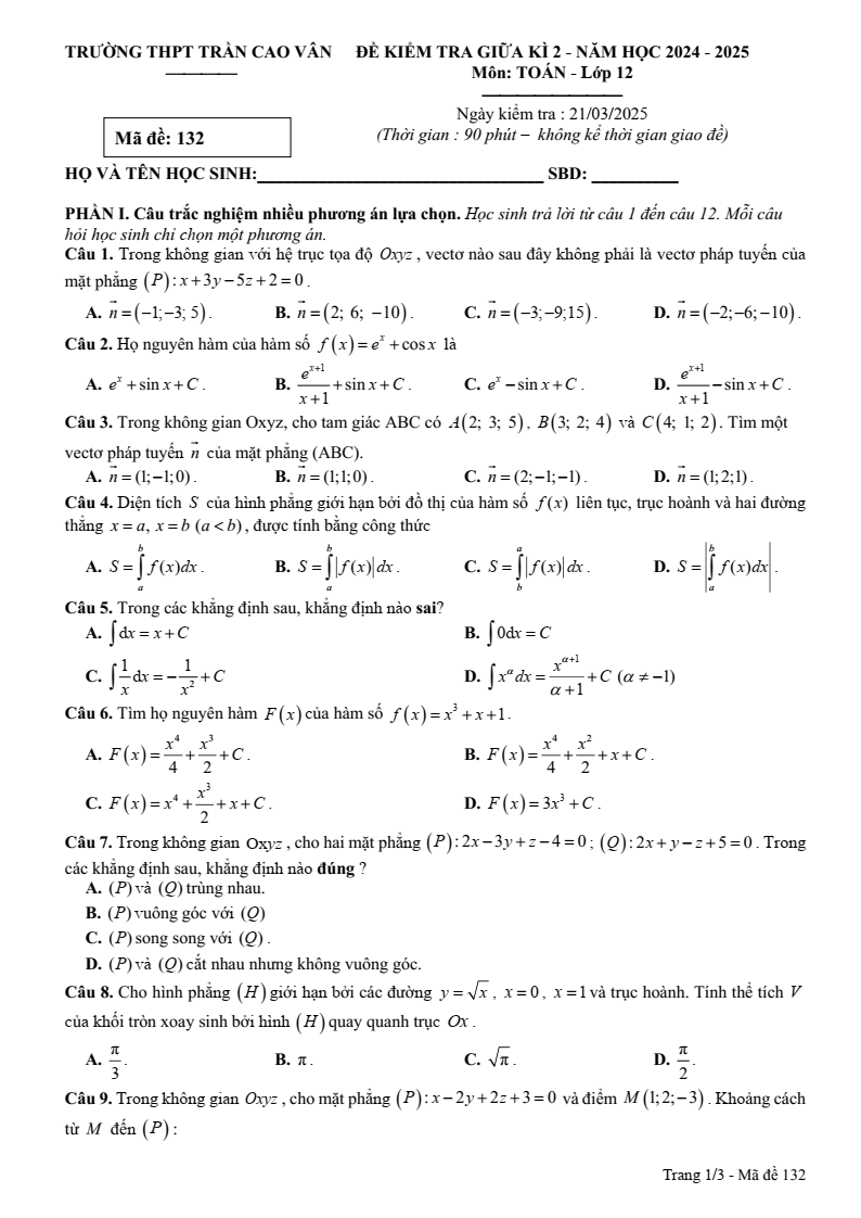 Đề thi Giữa kì 2 Toán 12 trường THPT Trần Cao Vân (Khánh Hòa) năm 2024-2025