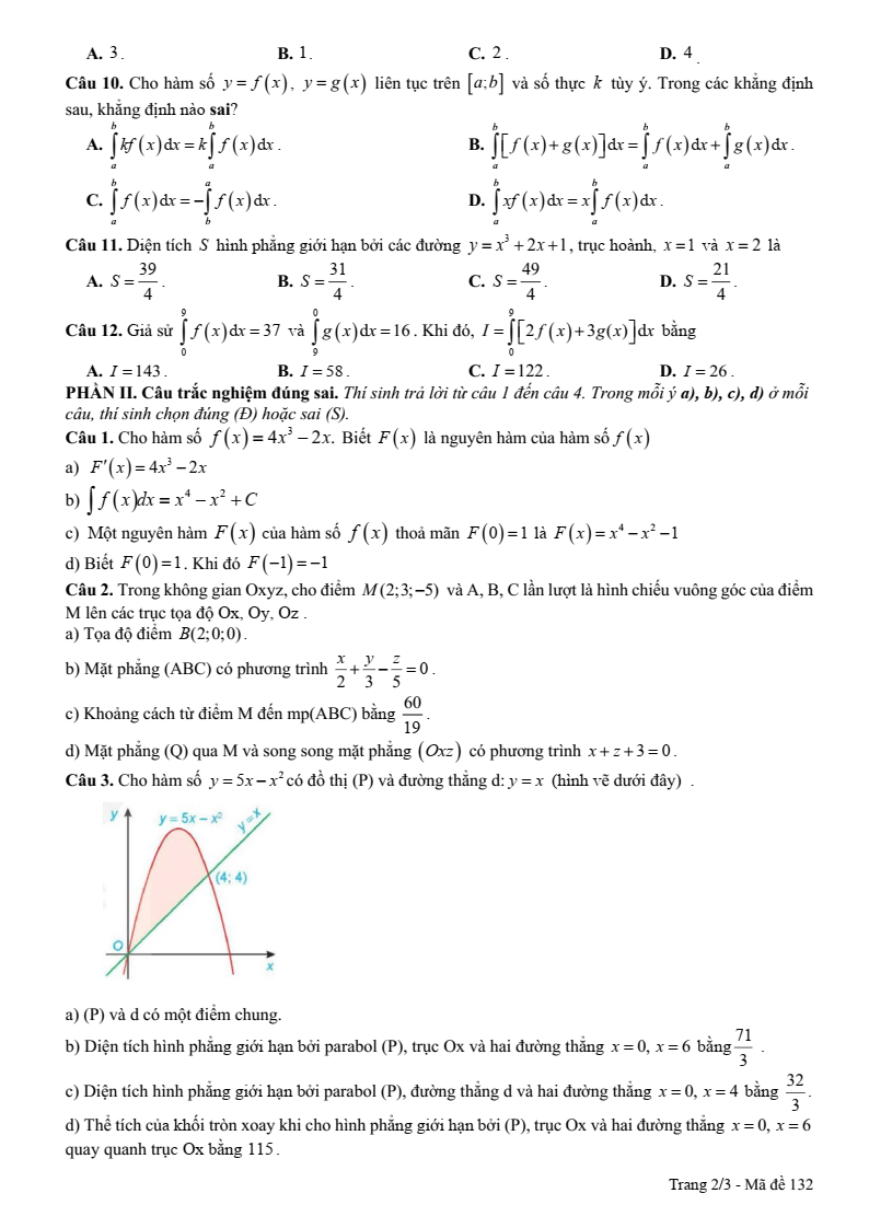 Đề thi Giữa kì 2 Toán 12 trường THPT Trần Cao Vân (Khánh Hòa) năm 2024-2025