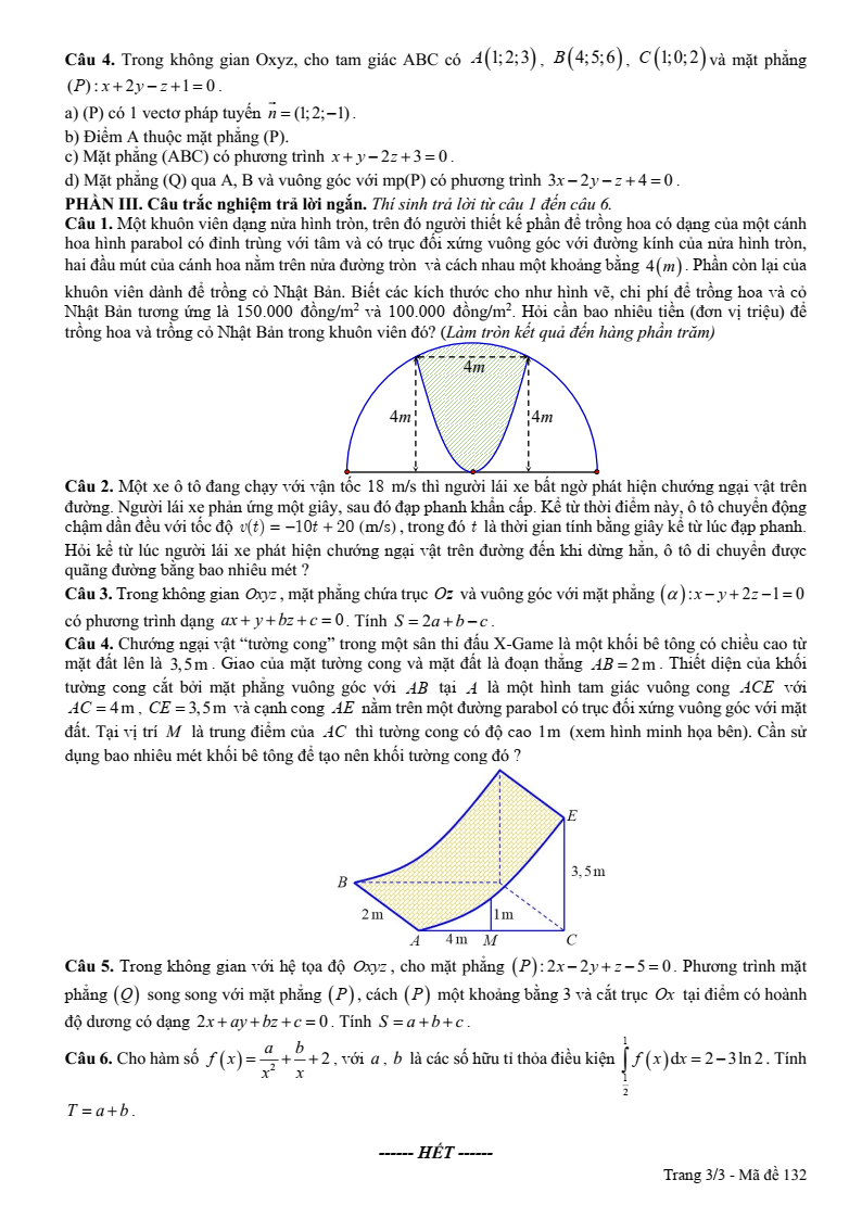 Đề thi Giữa kì 2 Toán 12 trường THPT Trần Cao Vân (Khánh Hòa) năm 2024-2025