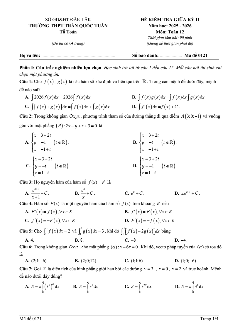 Đề thi Giữa kì 2 Toán 12 trường THPT Trần Quốc Tuấn (Đắk Lắk) năm 2025-2026