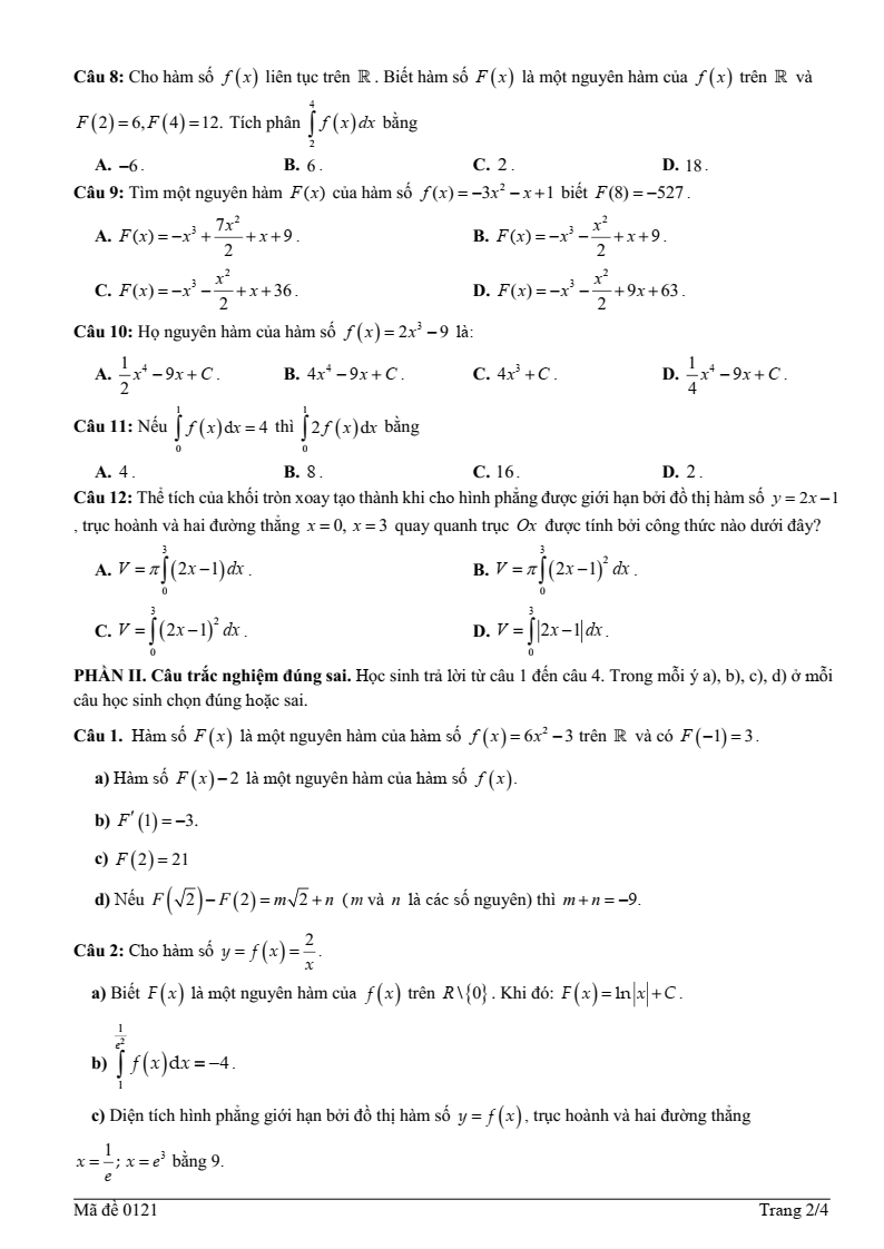 Đề thi Giữa kì 2 Toán 12 trường THPT Trần Quốc Tuấn (Đắk Lắk) năm 2025-2026