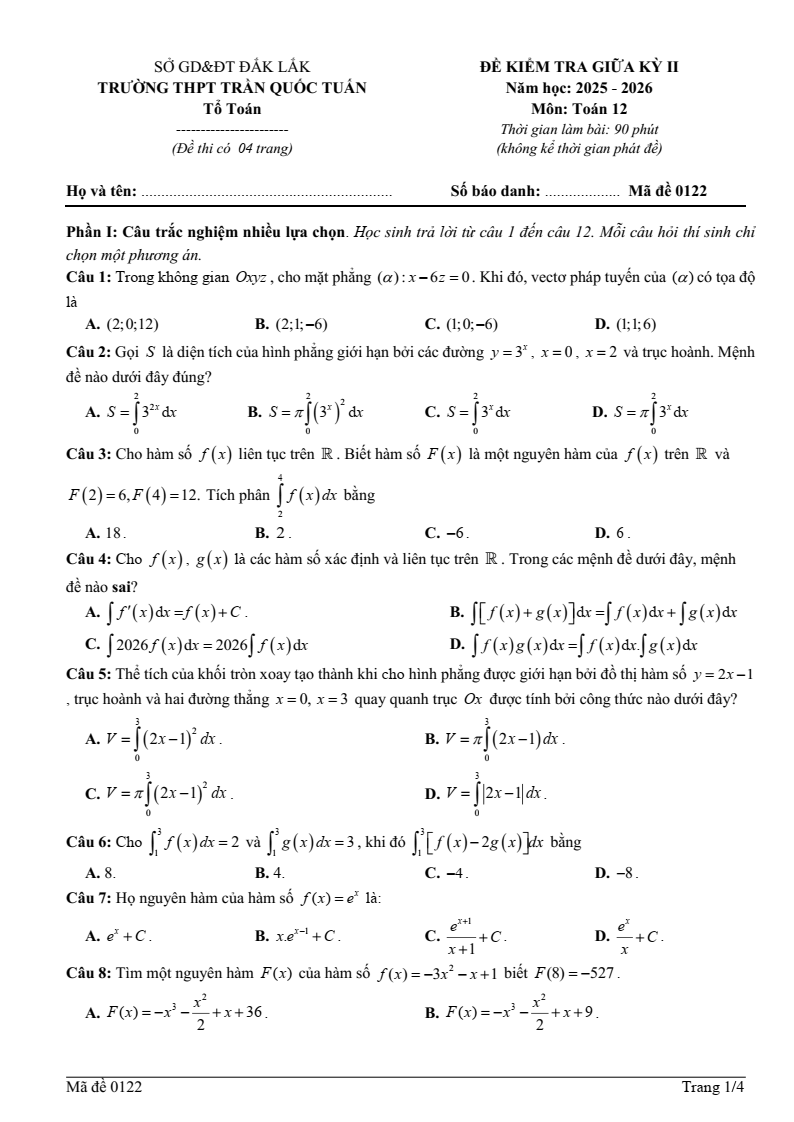 Đề thi Giữa kì 2 Toán 12 trường THPT Trần Quốc Tuấn (Đắk Lắk) năm 2025-2026