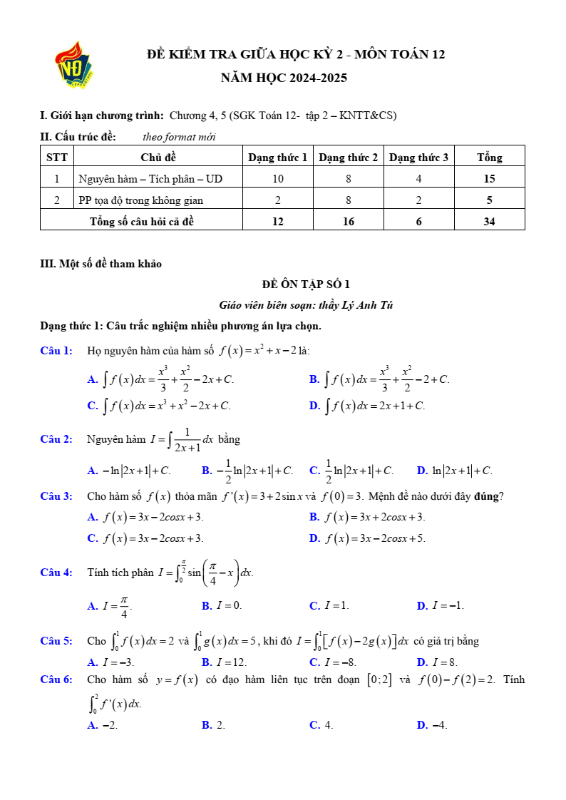 Đề thi Giữa kì 2 Toán 12 trường THPT Việt Đức (Hà Nội) năm 2024-2025