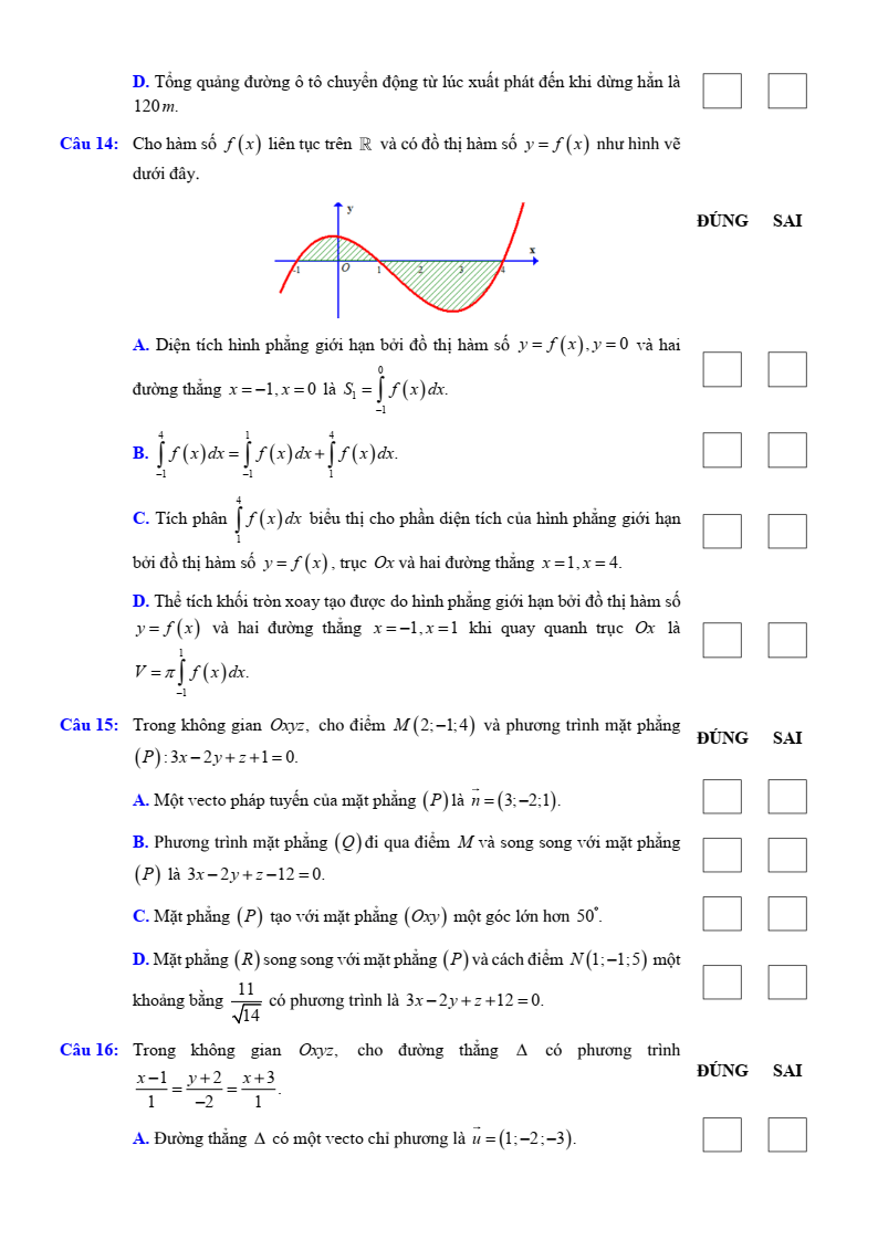 Đề thi Giữa kì 2 Toán 12 trường THPT Việt Đức (Hà Nội) năm 2024-2025