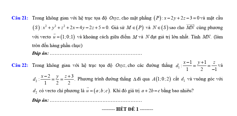Đề thi Giữa kì 2 Toán 12 trường THPT Việt Đức (Hà Nội) năm 2024-2025