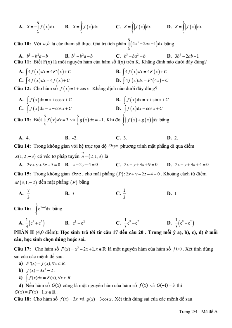 Đề thi Giữa kì 2 Toán 12 trường THPT Vĩnh Linh (Quảng Trị) năm 2024-2025