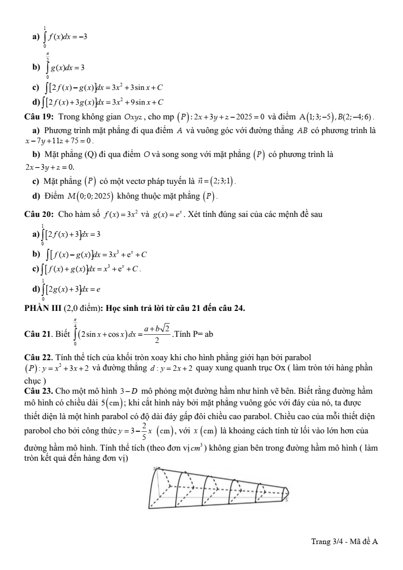 Đề thi Giữa kì 2 Toán 12 trường THPT Vĩnh Linh (Quảng Trị) năm 2024-2025