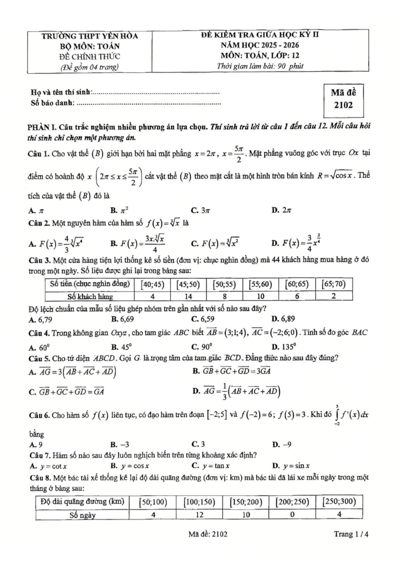 Đề thi Giữa kì 2 Toán 12 trường THPT Yên Hòa (Hà Nội) năm 2025-2026