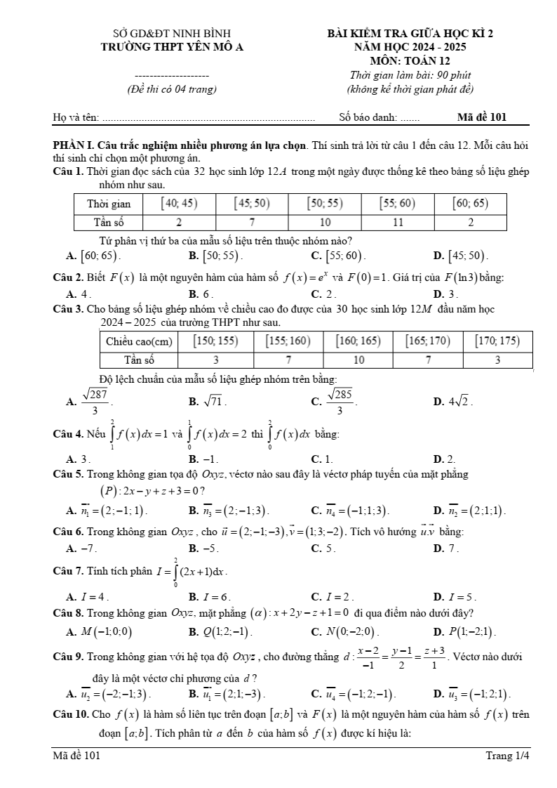 Đề thi Giữa kì 2 Toán 12 trường THPT Yên Mô A (Ninh Bình) năm 2024-2025