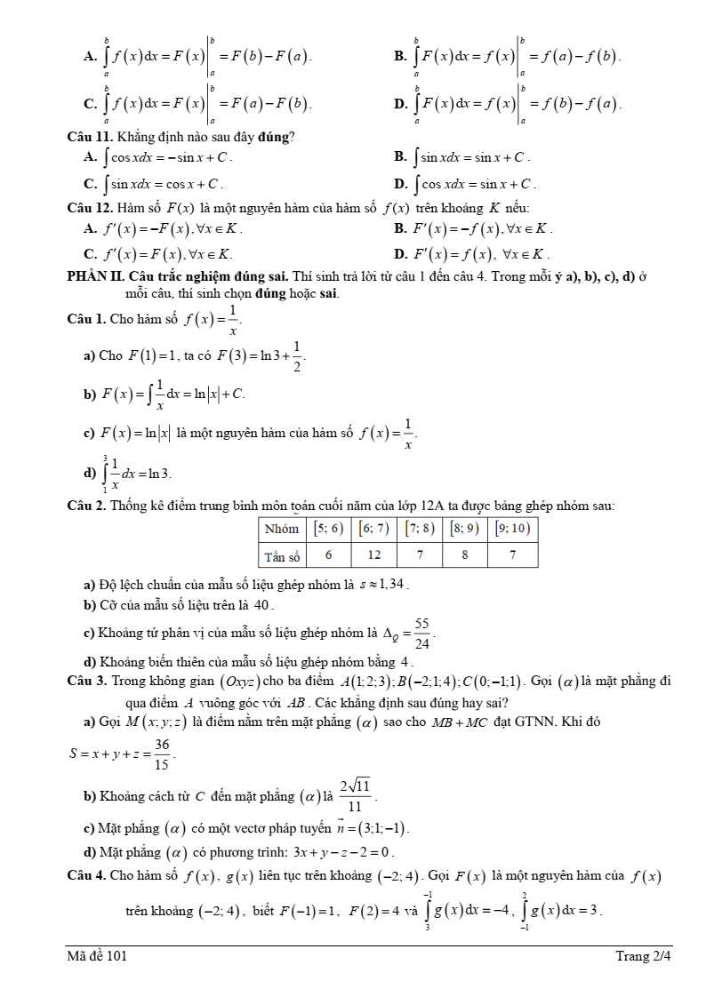 Đề thi Giữa kì 2 Toán 12 trường THPT Yên Mô A (Ninh Bình) năm 2024-2025