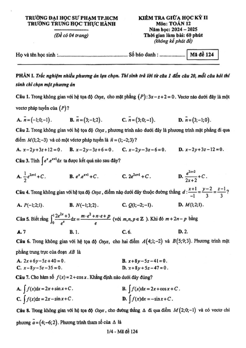 Đề thi Giữa kì 2 Toán 12 trường Trung học Thực hành ĐHSP (Tp.HCM) năm 2024-2025