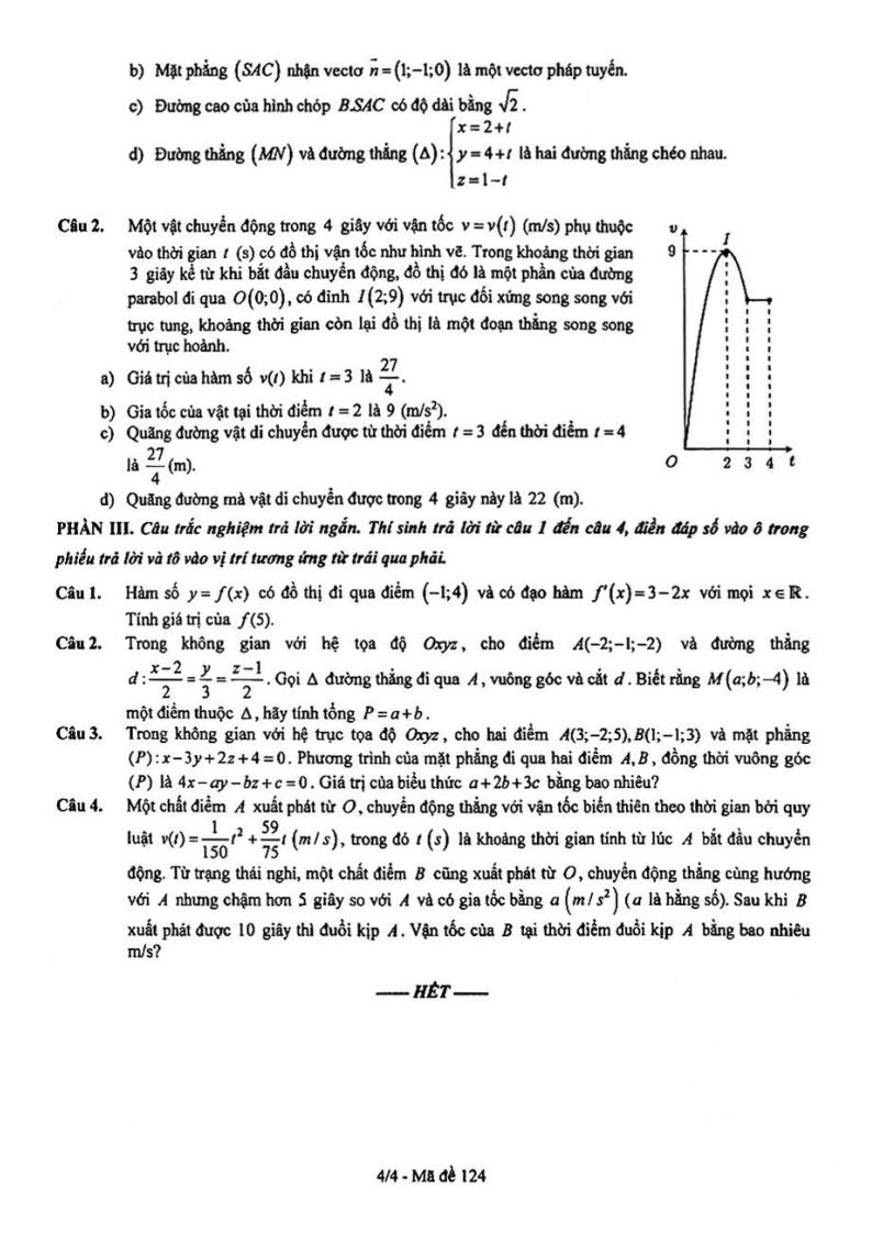 Đề thi Giữa kì 2 Toán 12 trường Trung học Thực hành ĐHSP (Tp.HCM) năm 2024-2025