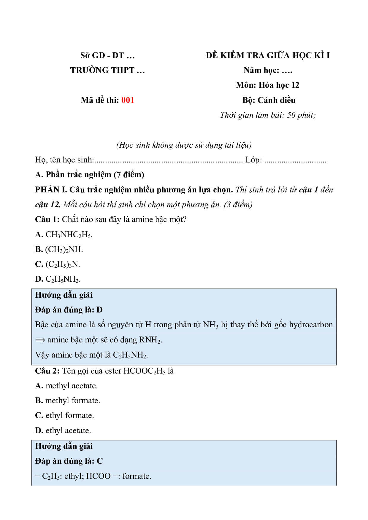 3 Đề thi Giữa kì Hóa học 12 Cánh diều (có đáp án, cấu trúc mới)