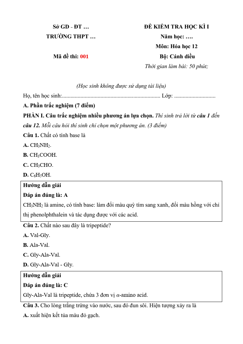 6 Đề thi Học kì 1 Hóa học 12 Cánh diều (có đáp án, cấu trúc mới)