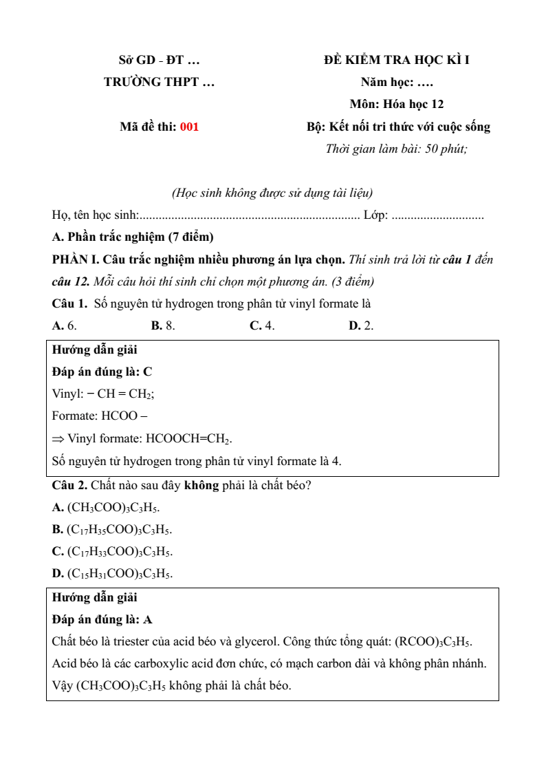 6 Đề thi Học kì 1 Hóa học 12 Kết nối tri thức (có đáp án, cấu trúc mới)