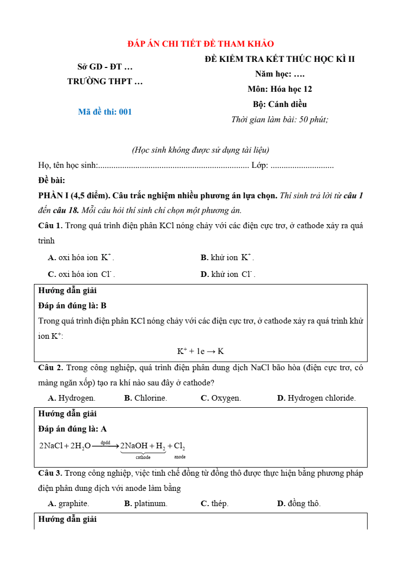 6+ Đề thi Học kì 2 Hóa học 12 Cánh diều (cấu trúc mới, có đáp án)