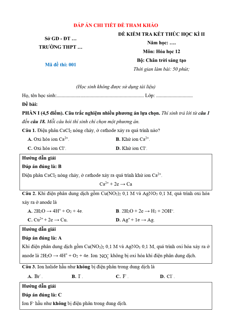6+ Đề thi Học kì 2 Hóa học 12 Chân trời sáng tạo (cấu trúc mới, có đáp án)