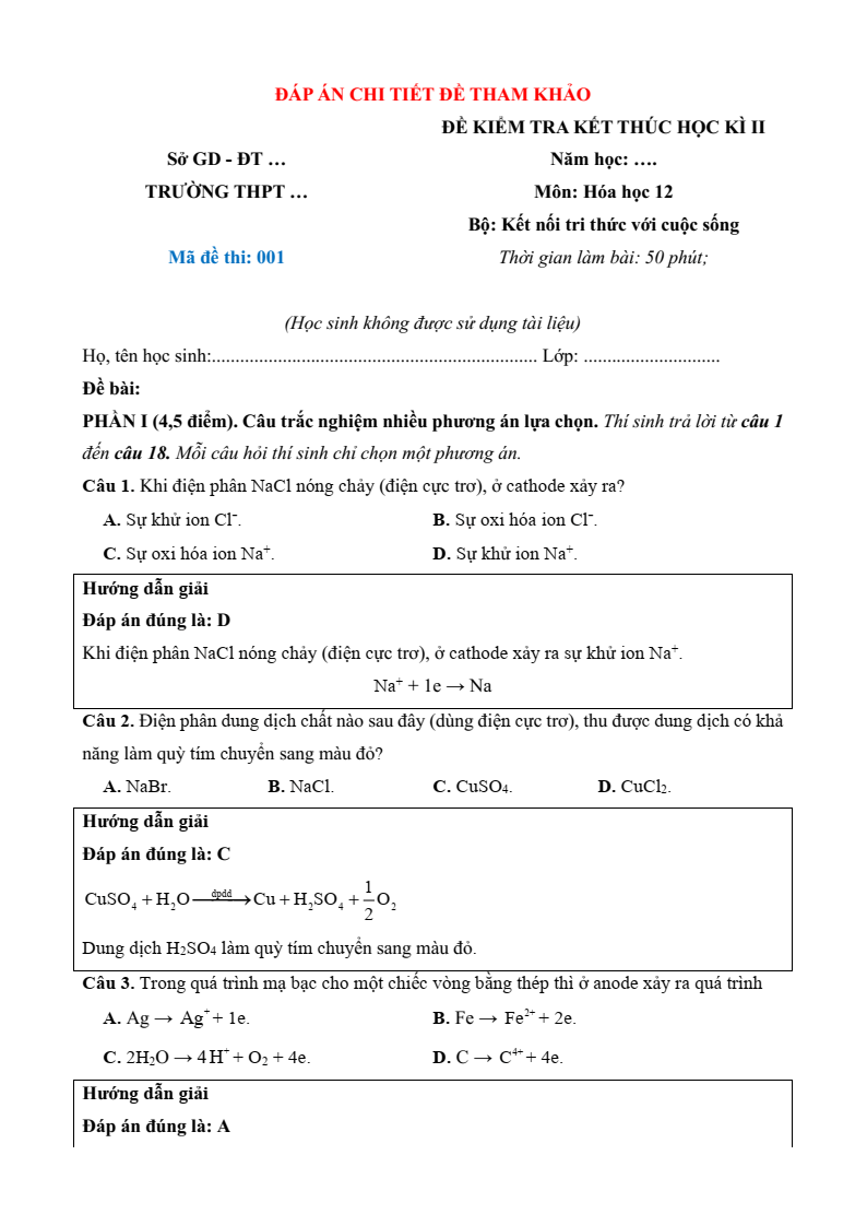 6+ Đề thi Học kì 2 Hóa học 12 Kết nối tri thức (cấu trúc mới, có đáp án)