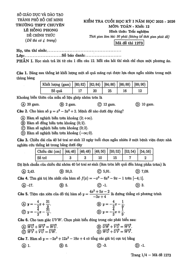 Đề thi Học kì 1 Toán 12 trường chuyên Lê Hồng Phong (Tp.HCM) năm 2025-2026