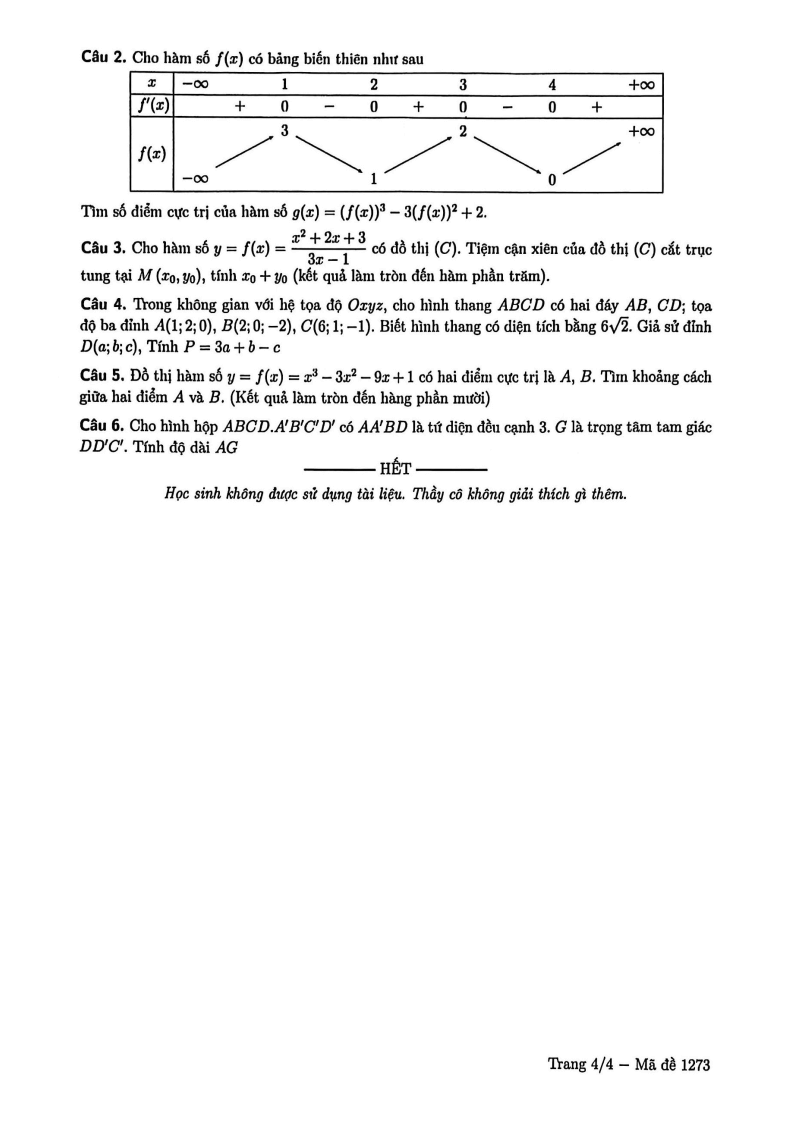 Đề thi Học kì 1 Toán 12 trường chuyên Lê Hồng Phong (Tp.HCM) năm 2025-2026