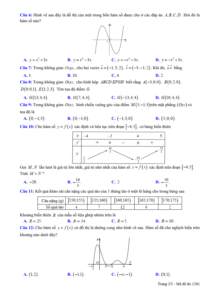 Đề thi Học kì 1 Toán 12 trường chuyên Nguyễn Tất Thành (Quảng Ngãi) năm 2025-2026
